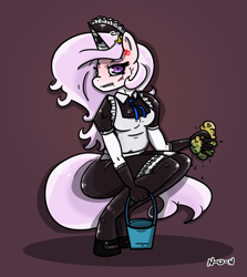 Size: 1141x1277 | Tagged: source needed, useless source url, safe, artist:n-o-n, fleur-de-lis, unicorn, anthro, unguligrade anthro, g4, blushing, bucket, clothes, cross-popping veins, crouching, dress, female, hairclip, horn, horn ring, maid, maid headdress, ring, solo, sponge, squatting