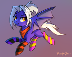 Size: 2528x2000 | Tagged: safe, artist:jedayskayvoker, oc, oc only, oc:mallow malt, bat pony, pony, bandana, bat pony oc, bat wings, clothes, flying, gradient background, high res, ponytail, socks, solo, stockings, striped socks, thigh highs, wings