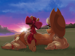 Size: 2743x2048 | Tagged: safe, artist:skitsroom, apple bloom, applejack, earth pony, pony, g4, apple sisters, cowboy hat, duo, female, filly, grass, hat, haystick, high res, lake, mare, mountain, scenery, siblings, sisters, stetson, sunrise, underhoof, water