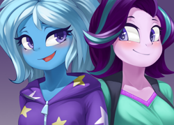 Size: 700x500 | Tagged: safe, artist:iloota, starlight glimmer, trixie, equestria girls, g4, alternate hairstyle, babysitter trixie, clothes, duo, duo female, female, gradient background, hoodie