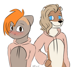 Size: 3000x2800 | Tagged: safe, artist:jellysketch, oc, oc only, oc:carmel, otter, pegasus, anthro, blushing, duo, eye clipping through hair, furry, high res, looking at you, other species, shy, simple background, smiling, white background