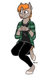 Size: 2000x3000 | Tagged: safe, artist:jellysketch, oc, oc only, oc:carmel, anthro, unguligrade anthro, flannel, flannel shirt, freckles, high res, simple background, smiling, solo, tongue out, white background