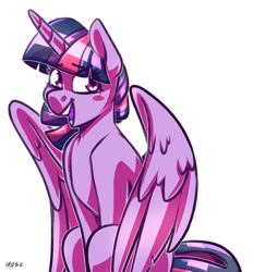 Size: 1778x1918 | Tagged: safe, artist:lrusu, twilight sparkle, alicorn, pony, g4, blushing, female, looking at you, mare, simple background, sitting, smiling, solo, twilight sparkle (alicorn), white background