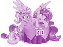 Size: 1280x953 | Tagged: safe, artist:dstears, luster dawn, twilight sparkle, alicorn, pony, unicorn, a trivial pursuit, g4, season 9, the last problem, 42, duo, duo female, embarrassed, female, grin, hiding face, hitchhiker's guide to the galaxy, mare, messy mane, older, older twilight, older twilight sparkle (alicorn), princess twilight 2.0, simple background, smiling, trivia trot, twilight snapple, twilight sparkle (alicorn), twilighting, twilynanas, underhoof, white background