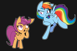 Size: 2800x1875 | Tagged: safe, artist:kindakismet, rainbow dash, scootaloo, pegasus, pony, g4, backwards cutie mark, black background, duo, duo female, female, filly, mare, simple background, the cmc's cutie marks