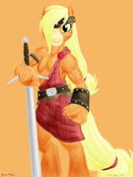 Size: 1800x2400 | Tagged: safe, artist:rockhoppr3, applejack, earth pony, semi-anthro, g4, applejack (g5 concept leak), applejacked, arm hooves, claymore, clothes, female, g5 concept leak style, g5 concept leaks, kilt, looking at you, muscles, muscular female, solo, sword, unshorn fetlocks, weapon