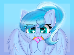Size: 5013x3744 | Tagged: safe, artist:janelearts, oc, oc only, pegasus, pony, absurd resolution, chibi, cute, donut, eating, female, food, freckles, mare, ocbetes, solo