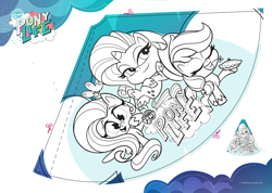 Size: 3578x2551 | Tagged: safe, applejack, fluttershy, rarity, pony, g4.5, my little pony: pony life, official, activity sheet, coloring page, hat, high res, my little pony logo, party hat