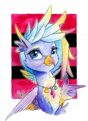 Size: 1024x1413 | Tagged: safe, artist:lailyren, oc, oc only, oc:sebright, griffon, hippogriff, hippogriffon, hybrid, bust, interspecies offspring, next generation, offspring, parent:gallus, parent:silverstream, parents:gallstream, portrait, princess, solo, traditional art, watercolor painting