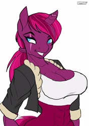 Size: 2896x4096 | Tagged: safe, artist:skyart301, tempest shadow, unicorn, anthro, g4, abs, alternate hairstyle, aside glance, breasts, broken horn, busty tempest shadow, cleavage, clothes, female, high res, horn, jacket, looking at you, mare, midriff, muscles, muscular female, open jacket, palindrome get, ponytail, scar, smiling, solo, tank top, temple shadow