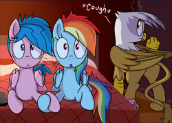 Size: 7200x5152 | Tagged: safe, artist:sorcerushorserus, firefly, gilda, rainbow dash, griffon, pegasus, pony, comic:dash academy, g1, g4, absurd resolution, bed, butt, caught, comic, cough, female, holding hooves, hotel, hotel room, lesbian, mare, movie, pillow, plot, remote control, ship:dashfly, shipping, television, upscaled, waifu2x