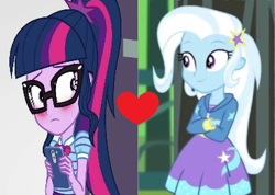 Size: 387x276 | Tagged: safe, edit, edited screencap, screencap, sci-twi, trixie, twilight sparkle, equestria girls, g4, my little pony equestria girls: better together, female, lesbian, ship:sci-twixie, ship:twixie, shipping, shipping domino
