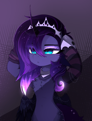 Size: 2536x3337 | Tagged: safe, artist:magnaluna, princess luna, alicorn, pony, bipedal, blushing, cheek fluff, chest fluff, clothes, crown, cute, emo, ethereal mane, female, gloves, high res, jewelry, leg fluff, lunabetes, regalia, solo, starry mane, striped gloves