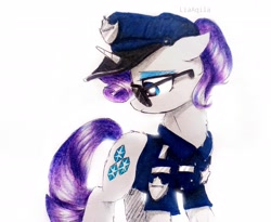 Size: 2832x2322 | Tagged: safe, artist:liaaqila, rarity, pony, unicorn, g4, alternate hairstyle, alternate universe, badge, clothes, commission, eyeshadow, fanfic art, fashion police, female, hat, high res, makeup, mare, police, police badge, police hat, police officer, police uniform, raricop, shirt, simple background, solo, sunglasses, traditional art, white background