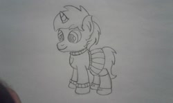 Size: 2560x1536 | Tagged: safe, artist:peternators, oc, oc only, oc:heroic armour, pony, unicorn, clothes, colt, crossdressing, male, mary janes, monochrome, shoes, sketch, skirt, socks, solo, sweater, traditional art