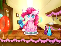 Size: 1280x966 | Tagged: safe, artist:gigo-speedpaint, pinkie pie, earth pony, pony, g4, balloon, cupcake, female, food, hat, kitchen, knife, looking at you, mare, party cannon, party hat, plate, solo