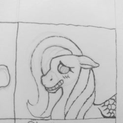 Size: 1080x1080 | Tagged: safe, fluttershy, pegasus, pony, g4, blushing, bust, female, grin, lineart, mare, smiling, traditional art