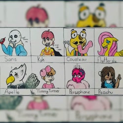 Size: 1080x1080 | Tagged: safe, fluttershy, oc, bird, eagle, frog, human, pegasus, pony, anthro, g4, animal crossing, anthro with ponies, apollo (animal crossing), blushing, bone, bow, bust, clothes, crossover, fanboy and chum chum, female, grin, hair bow, kyle bloodworth-thomason, male, mare, persephone, sans (undertale), six fanarts, skeleton, smiling, the fairly oddparents, timmy turner, traditional art, undertale, zoom layer