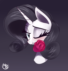 Size: 1771x1848 | Tagged: safe, artist:nevobaster, rarity, pony, unicorn, black and white, bust, cute, female, grayscale, monochrome, mouth hold, noir, one eye closed, partial color, portrait, raribetes, solo, wink