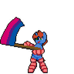 Size: 384x384 | Tagged: safe, artist:bitassembly, oc, oc only, oc:cyberpon3, pegasus, pony, unicorn, animated, bipedal, bisexual pride flag, bitassembly's flag ponies, clothes, commission, flag waving, holding a flag, male, pixel art, pride, pride flag, simple background, socks, solo, stallion, stockings, striped socks, thigh highs, transparent background