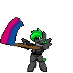 Size: 384x384 | Tagged: safe, artist:bitassembly, part of a set, oc, oc only, oc:bytewave, pegasus, pony, animated, bipedal, bisexual pride flag, bitassembly's flag ponies, clothes, commission, flag waving, gif, holding a flag, hoodie, pixel art, pride, pride flag, simple background, solo, transparent background