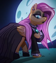 Size: 800x896 | Tagged: safe, artist:simondrawsstuff, fluttershy, pegasus, pony, fake it 'til you make it, g4, clothes, dress, ear piercing, eyeshadow, female, fluttergoth, full moon, goth, looking at you, makeup, mare, moon, night, piercing, solo