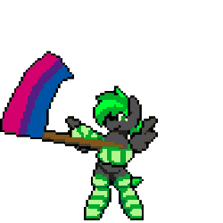 Size: 384x384 | Tagged: safe, alternate version, artist:bitassembly, part of a set, oc, oc only, oc:bytewave, pegasus, pony, animated, bipedal, bisexual pride flag, bitassembly's flag ponies, clothes, commission, flag waving, holding a flag, pixel art, pride, pride flag, simple background, socks, solo, stockings, striped socks, thigh highs, transparent background