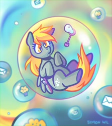 Size: 800x896 | Tagged: safe, artist:simondrawsstuff, derpy hooves, pegasus, pony, g4, bubble, bubble wand, confused, cute, female, food, i just don't know what went wrong, in bubble, letter, looking at you, mare, muffin, solo