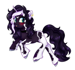 Size: 1300x1200 | Tagged: safe, artist:meqiopeach, oc, oc only, oc:lux, pony, unicorn, blushing, chest fluff, commission, digital art, ear piercing, earring, female, freckles, full body, hoof fluff, horn, jewelry, mare, markings, moon, necklace, oc belongs to:  plushiepaws, piercing, shading, shine, simple background, smiling, solo, tattoo, white background
