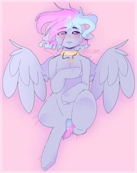 Size: 1280x1613 | Tagged: safe, artist:shinningblossom12, oc, oc only, oc:shinning blossom, pegasus, pony, blushing, body pillow, body pillow design, choker, female, mare, on back, pegasus oc, solo, spread wings, wings