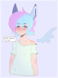 Size: 1280x1720 | Tagged: safe, artist:shinningblossom12, oc, oc only, human, blue background, blushing, clothes, eared humanization, female, floating wings, humanized, humanized oc, simple background, solo, winged humanization, wings
