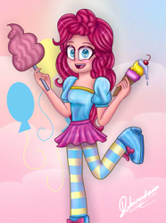 Size: 943x1266 | Tagged: safe, artist:dianedemon, pinkie pie, human, g4, clothes, cotton candy, female, food, human coloration, humanized, ice cream, smiling, socks, solo, striped socks