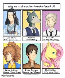 Size: 1080x1290 | Tagged: safe, artist:sketchsecrett, fluttershy, human, pegasus, pony, wolf, anthro, g4, anthro with ponies, attack on titan, beastars, bungou stray dogs, bust, clothes, crossover, eren jaeger, female, heaven official's blessing, legosi (beastars), mare, mo dao zu shi, necktie, one eye closed, six fanarts, wink