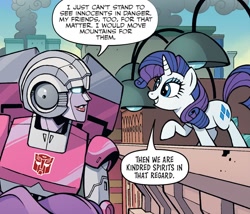 Size: 1110x952 | Tagged: safe, idw, rarity, pony, g4, spoiler:comic, spoiler:friendship in disguise, spoiler:friendship in disguise01, arcee, cropped, crossover, manehattan, transformers