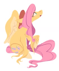 Size: 1317x1583 | Tagged: safe, artist:idefix, fluttershy, pegasus, pony, g4, chest fluff, female, floppy ears, looking at someone, looking at something, looking away, looking up, mare, open mouth, profile, raised hoof, simple background, sitting, solo, spread wings, unshorn fetlocks, white background, wings