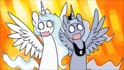 Size: 800x450 | Tagged: safe, artist:vladivoices, princess celestia, princess luna, alicorn, pony, animated, blank eyes, chibi, duo, female, gasp, gif, mlp conquest, reaction, reaction image, screaming, shocked, shocked expression, surprised