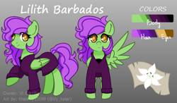 Size: 1300x759 | Tagged: safe, artist:helithusvy, oc, oc only, oc:lilith barbados, pegasus, pony, commission, cutie mark, female, gray background, green pony, orange eyes, pegasus oc, purple hair, reference sheet, simple background, solo, wings