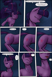 Size: 1920x2816 | Tagged: safe, artist:shieltar, part of a set, twilight sparkle, pony, unicorn, comic:giant twilight, g4, comic, cute, dialogue, faic, female, giant pony, giant twilight sparkle, giantess, growth, horn, impossibly long tail, jewelry, large butt, macro, magic, mare, necc, necklace, part of a series, pony bigger than a planet, pony bigger than a solar system, pony bigger than a star, pony heavier than a black hole, signature, size difference, solo, space, stars, transformation, unicorn twilight