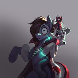 Size: 3000x3000 | Tagged: safe, artist:nsilverdraws, oc, oc:bizarre song, oc:razlad, pony, cape, cheeky, clothes, cutie mark, dancing, helix horn, high res, hoof hold, horn, magic, pose, shocked, soul, soul stealing, succ, sucking