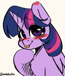 Size: 769x900 | Tagged: safe, artist:cottonsweets, twilight sparkle, alicorn, pony, g4, :p, blushing, chest fluff, cute, female, looking at you, mare, mlem, silly, simple background, solo, tongue out, twiabetes, twilight sparkle (alicorn), white background