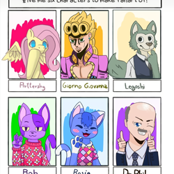 Size: 1080x1080 | Tagged: safe, artist:sakurathekitsuneko, fluttershy, cat, human, pegasus, pony, wolf, anthro, g4, animal crossing, anthro with ponies, blush sticker, blushing, bob, bust, clothes, crossover, dr. phil, female, finger gun, finger guns, giorno giovanna, grin, jojo's bizarre adventure, male, mare, necktie, one eye closed, paw pads, paws, rosie (animal crossing), six fanarts, smiling, underpaw, wink