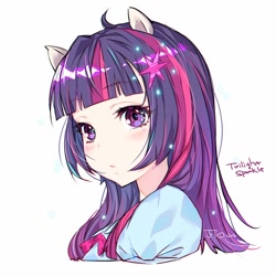 Size: 650x650 | Tagged: dead source, safe, artist:jojo0327, twilight sparkle, human, equestria girls, g4, anime, blushing, bust, cute, cutie mark accessory, eared humanization, female, human coloration, humanized, ponied up, simple background, solo, twiabetes, white background