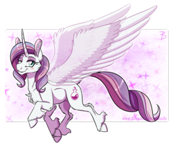 Size: 1332x1135 | Tagged: safe, artist:inuhoshi-to-darkpen, potion nova, pony, unicorn, g4.5, my little pony: pony life, abstract background, artificial wings, augmented, beautiful, chest fluff, cloven hooves, cute, ear fluff, female, fluffy, horn, looking at you, magic, magic wings, mare, novabetes, one eye closed, smiling, solo, spread wings, transparent wings, unshorn fetlocks, wings, wink