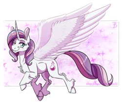 Size: 1332x1135 | Tagged: safe, artist:inuhoshi-to-darkpen, potion nova, pony, unicorn, g4, g4.5, my little pony: pony life, abstract background, artificial wings, augmented, beautiful, chest fluff, cloven hooves, cute, ear fluff, female, fluffy, horn, looking at you, magic, magic wings, mare, novabetes, one eye closed, smiling, solo, spread wings, transparent wings, unshorn fetlocks, wings, wink