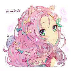 Size: 650x650 | Tagged: dead source, safe, artist:jojo0327, fluttershy, rabbit, equestria girls, g4, animal, anime, blushing, bow, bust, cute, female, hair bow, heart eyes, looking at you, ponied up, shyabetes, simple background, solo, white background, wingding eyes