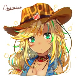 Size: 650x650 | Tagged: dead source, safe, artist:jojo0327, applejack, human, g4, anime, apple, blushing, braid, breasts, bust, cowboy hat, cute, denim jacket, female, food, hat, humanized, jackabetes, looking at you, simple background, solo, white background