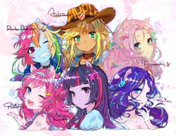 Size: 650x504 | Tagged: dead source, safe, artist:jojo0327, applejack, fluttershy, pinkie pie, rainbow dash, rarity, twilight sparkle, equestria girls, g4, alternative cutie mark placement, anime, blushing, bust, cute, cutie mark accessory, cutie mark on human, female, humane five, humane six, looking at you, one eye closed, open mouth, ponied up, smiling, wink
