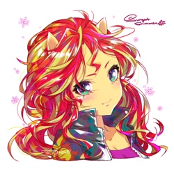 Size: 650x650 | Tagged: dead source, safe, artist:jojo0327, sunset shimmer, equestria girls, g4, anime, blushing, bust, cute, female, looking at you, ponied up, shimmerbetes, simple background, solo, white background