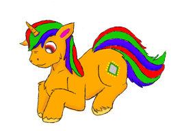 Size: 528x406 | Tagged: artist needed, source needed, safe, oc, oc only, oc:rainbow cookie, pony, unicorn, black background, chest fluff, colored pupils, floppy ears, horn, lying on the ground, male, simple background, solo, stallion, unicorn oc, unshorn fetlocks