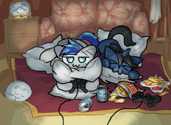 Size: 1032x751 | Tagged: safe, artist:archeryves, oc, oc only, oc:hbg, oc:news, pegasus, pony, unicorn, controller, couch, grooming, pillow, preening, solo, wings